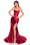 Amarra 88904 wine satin jersey prom dress featuring sculpted corset bodice, sweetheart neckline, and elegant train.