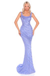 Model wearing the periwinkle/lilac beaded prom dress with scoop neckline.