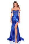 Model wearing the royal blue version of the fitted sequin applique off-the-shoulder prom dress.