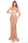Amarra 88910 gold beaded prom dress with semi-sheer corset bodice, visible boning, and sequin fitted skirt.