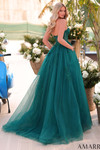 Back view of the emerald ball gown featuring a mid-open zipper back and full glitter tulle train.