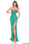 Amarra 88917 jade beaded fitted prom dress featuring strapless sweetheart neckline, ruched waist, and dramatic leg slit.