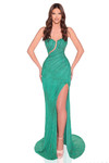 Amarra 88927 jade beaded gown featuring deep illusion neckline, hourglass-shaping beadwork, and dramatic leg slit.