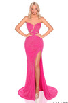 Amarra 88927 fuchsia beaded fitted prom dress with asymmetrical strapless neckline, illusion plunge, and thigh-high slit.