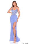 Amarra 88939 periwinkle beaded fitted prom dress with structured bodice, delicate straps, and dramatic leg slit.