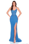 Amarra 88939 peacock blue beaded sheath gown featuring scoop neckline, linear beading pattern, and thigh-high slit.
