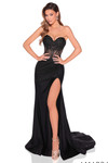 Model wearing the black version of the strapless sweetheart corset prom dress with thigh-high slit.