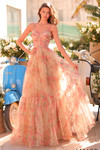 Amarra 88941 nude multi floral A-line prom dress with sweetheart neckline, corset bodice, and tiered ruffled tulle skirt.