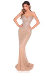 Nude and silver beaded off-the-shoulder prom dress with structured bodice.
