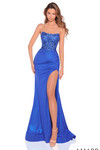 Amarra 88948 royal blue fitted prom dress featuring sequin bodice, ruched satin jersey skirt, and dramatic leg slit.