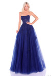 Navy strapless A-line prom dress with lace embellishments and full tulle skirt.