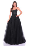 Black strapless A-line prom gown with lace appliques and structured bodice.