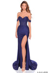 Amarra 88951 navy off-the-shoulder fitted gown with lace corset bodice, high thigh slit, and sweeping train.