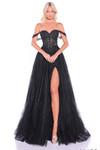 Black lace and tulle off-the-shoulder A-line prom gown with corset bodice.