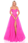 Bright fuchsia A-line prom dress with lace corset bodice and off-the-shoulder straps.