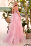 Back view of dusty pink lace and tulle A-line prom dress with lace-up back.