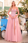 Strapless dusty pink A-line prom dress with lace bodice, off-the-shoulder straps, and high slit.
