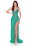 Amarra 88964 jade green beaded fitted prom dress featuring deep V-neckline, beaded straps, and dramatic leg slit.