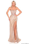 Amarra 88971 champagne gold sequin striped prom dress with strapless neckline, fitted silhouette, and high slit.