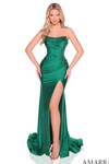 Emerald strapless fitted dress with embellished bodice and dramatic leg slit.