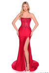Amarra 88989 red fitted prom dress featuring embroidered corset bodice, sleek jersey skirt, and dramatic leg slit.