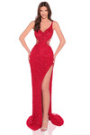Red beaded lattice prom dress with high slit and sheer sculpting side panels.