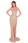 Nude/silver beaded prom dress with shimmering lattice detailing and sculpted silhouette.