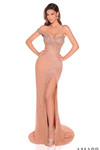 Amarra 88996 suntan nude and silver beaded prom dress with off-the-shoulder styling, corset bodice, and high slit.