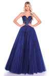 Navy ball gown with sweetheart neckline and embellished corset bodice.