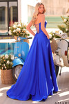 Back view of the royal blue satin A-line gown featuring a lace-up back and sweeping skirt.