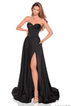 Black satin A-line gown with structured corset top, thigh-high slit, and flowing skirt.