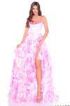 Amarra 89054 ivory bright pink floral print A-line prom dress featuring corset bodice and ruffle tiered skirt front view