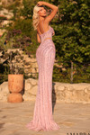 Amarra 89055 light pink beaded gown showcasing mid-open back with zipper closure and spaghetti straps