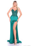 Emerald satin jersey prom dress with lace corset bodice and high slit.