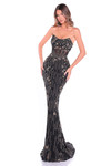 Amarra 89057 black gold beaded fit-and-flare prom dress with floral design and sequin linear beadwork front view