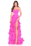 Fuchsia version of the strapless fitted ruffle-tiered prom dress with high slit and structured bodice.