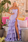 Lilac fitted strapless prom dress with structured corset bodice, thigh-high slit, and tiered ruffle skirt.