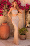 Amarra 89059 gold two-piece fitted prom dress with strapless sweetheart crop top and beaded fringe hem front view
