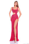 Amarra 89061 red fuchsia beaded sheath prom dress featuring square neckline and sexy asymmetrical side cut-out front view
