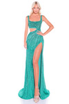 Amarra 89061 jade beaded sheath gown with supportive shoulder straps asymmetrical cut-out and thigh-high slit front view