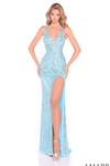 Amarra 89065 light blue sequin beaded sheath gown with V-neckline shoulder straps and high slit front view
