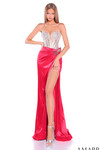 Amarra 89066 red fitted prom dress featuring plunging sweetheart neckline hot-stone bodice and thigh-high slit front view