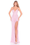 Amarra 89067 light pink sequin sheath prom dress with strapless cat-eye neckline and high slit front view
