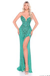 Amarra 89067 jade bright emerald beaded sheath gown with cat-eye neckline and thigh-high slit front view