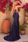 Amarra 89068 navy fitted gown showcasing lace-up back and beaded detail cascading down the train