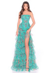 Strapless jade floral fitted prom gown with tiered tulle skirt and thigh-high slit.