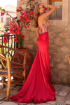 Amarra 89070 red satin jersey gown showcasing mid-open back with exposed boning and sweep train