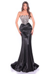 Amarra 89070 black satin jersey fit-and-flare gown with exposed boning corset and sweetheart neckline front view