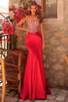 Amarra 89070 red fit-and-flare prom dress with strapless sweetheart neckline and hot-stone corset bodice front view