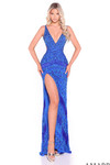Amarra 89071 royal turquoise beaded prom dress featuring fitted silhouette and dramatic thigh-high slit
